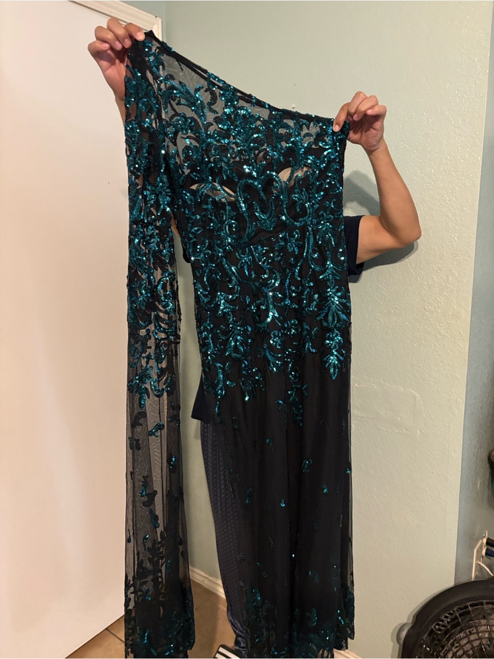 Black Evening Dress with Teal Sequin Embroidery
